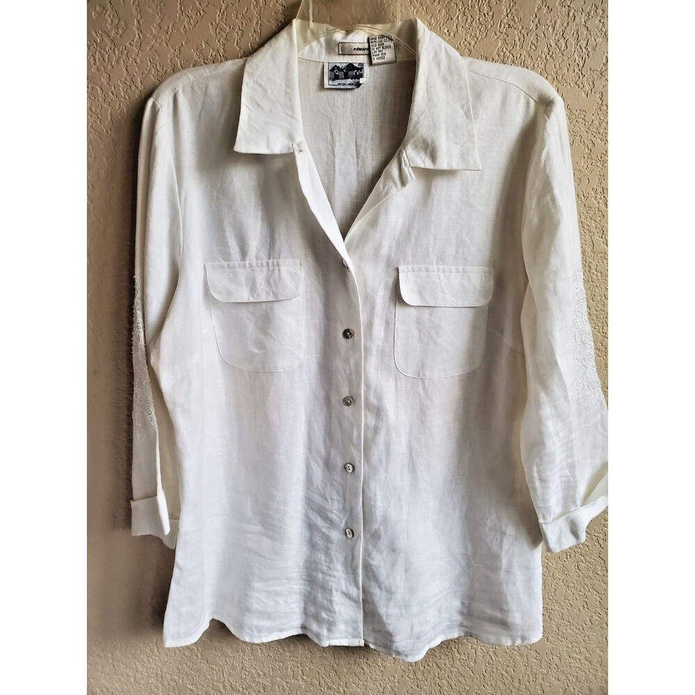 Edward Irish Linen Button Front Blouse Coastal Casual White 3/4 Sleeve Pockets M